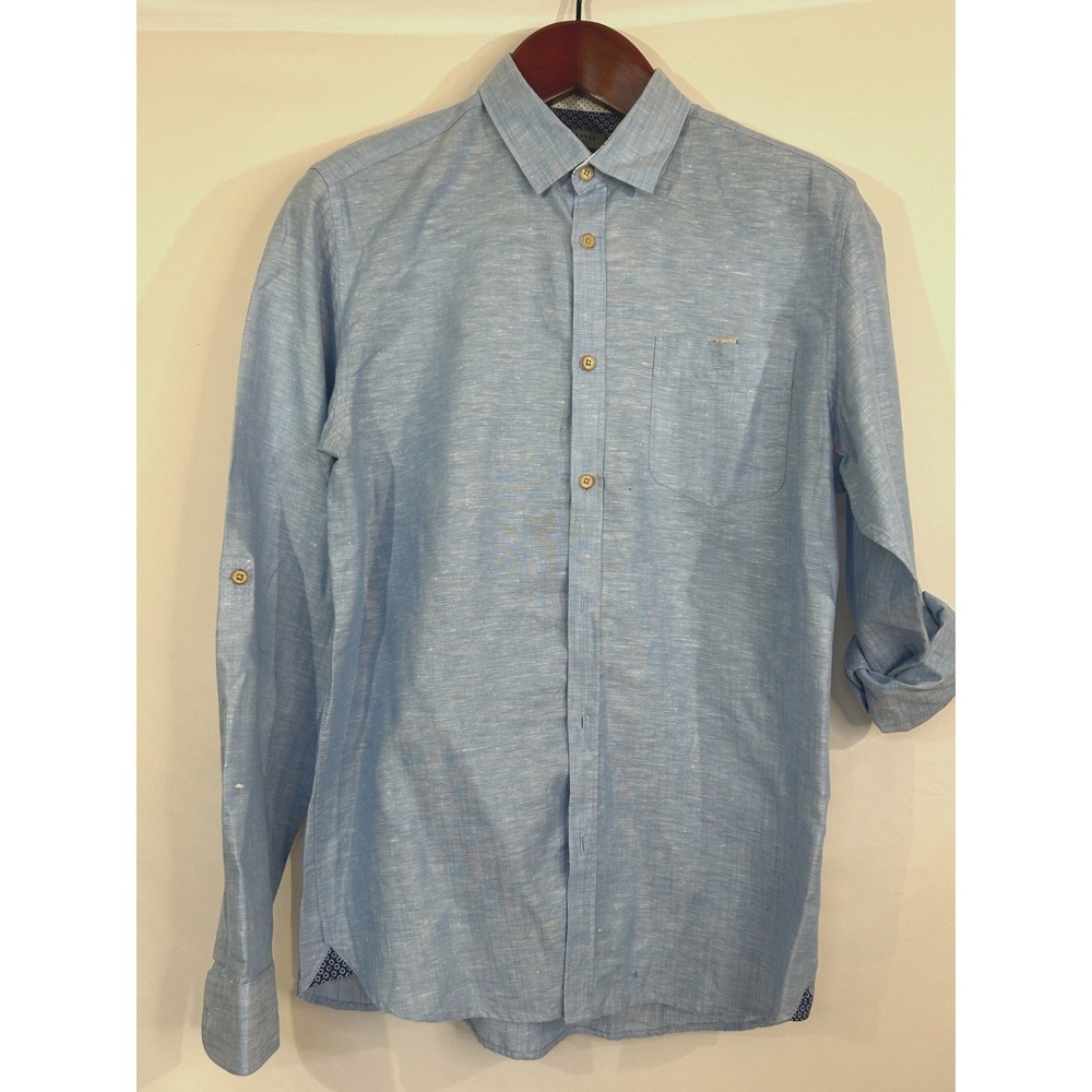 Ted Baker London Sz 4 Blue Linen Cotton Blend Roll Contrast Collar Shirt